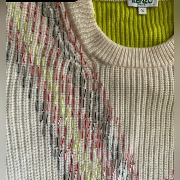 KENZO Sweater Womens Sz S Beige Wool Embroidered Multicolor zig zag lines - Picture 11 of 12